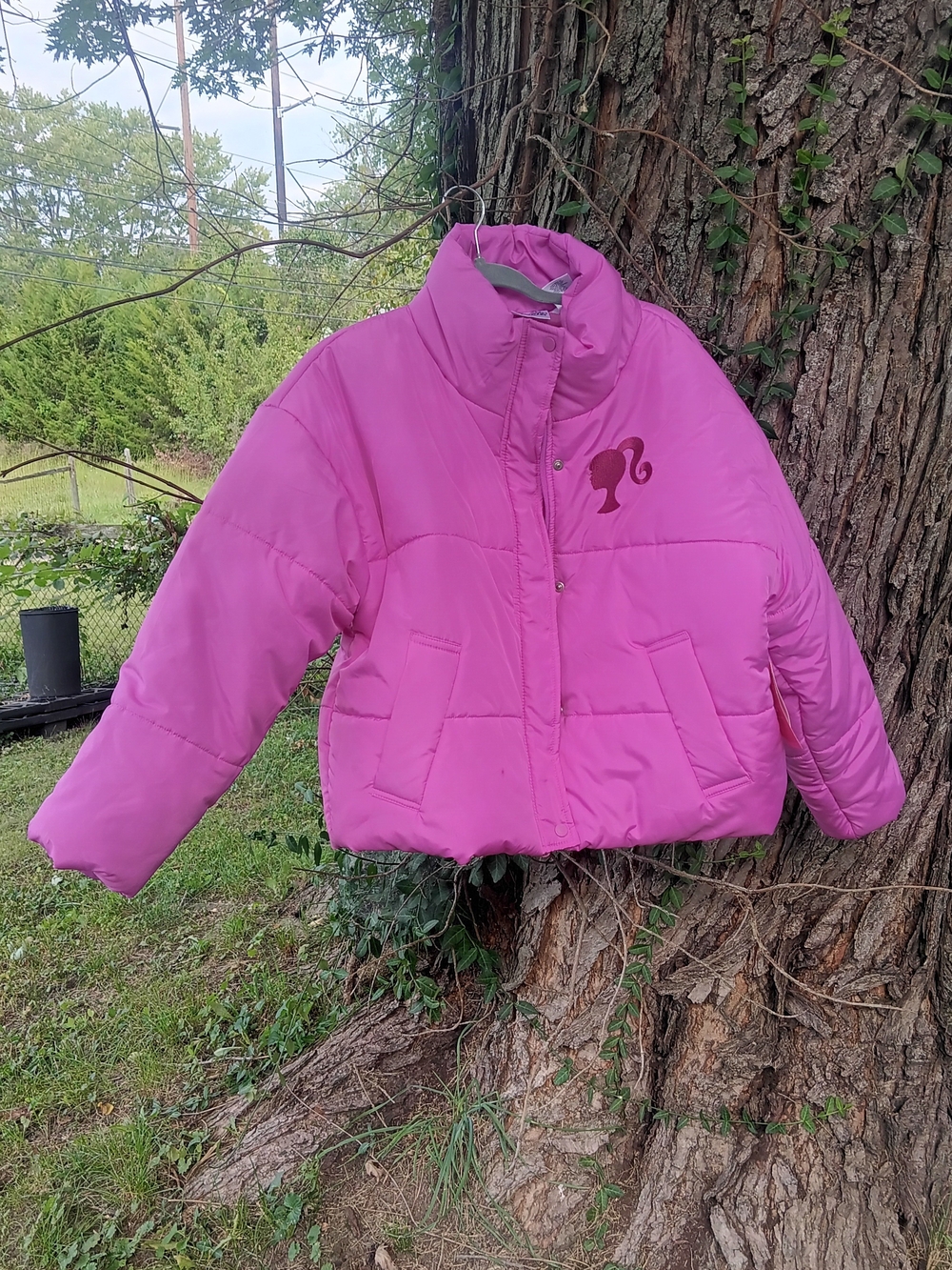 Barbiecore Trend, Hot Pink Cropped Puffer Jacket with Logo